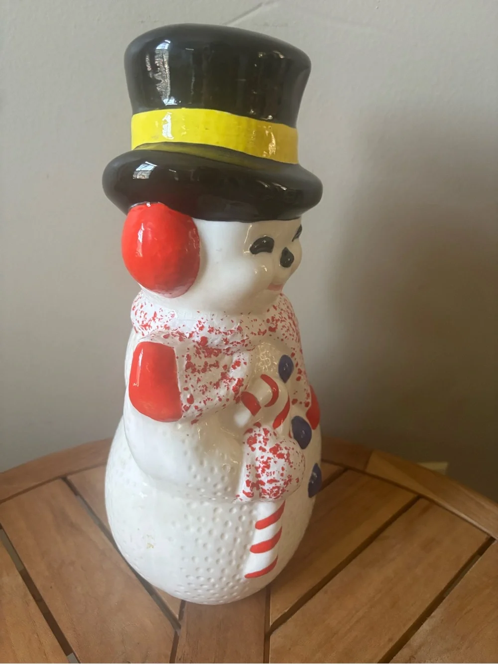 Vintage Snowman Candy Cane Ceramic Sugar Mold Figurine 12”x6” Hand Painted MCM